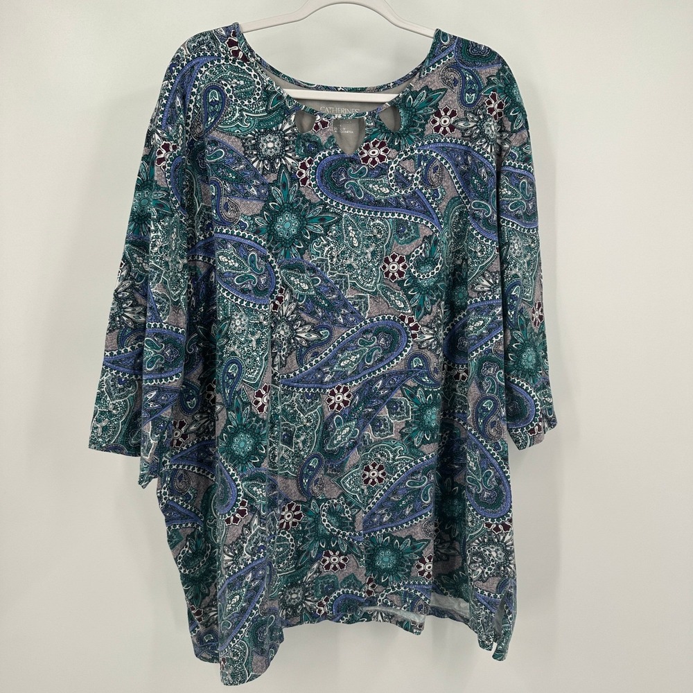 Catherines Womens Boho Paisley Floral Top Size 4X Artsy Medallion Coastal